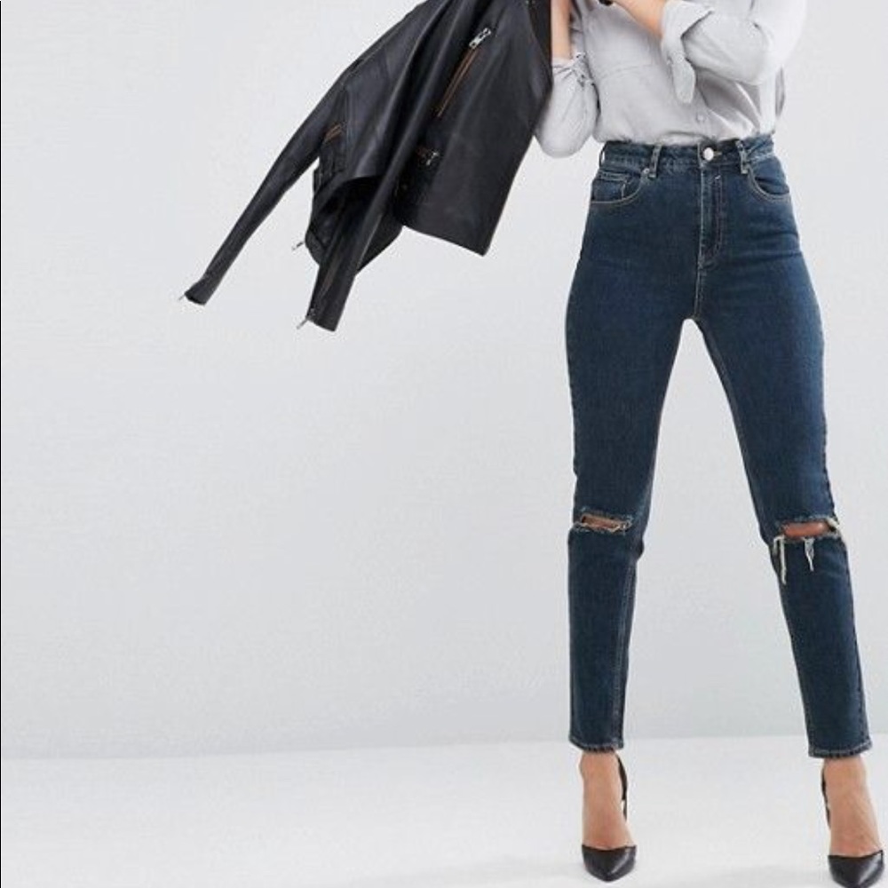 ASOS Dark Wash Distressed High Waisted Mom Jeans
